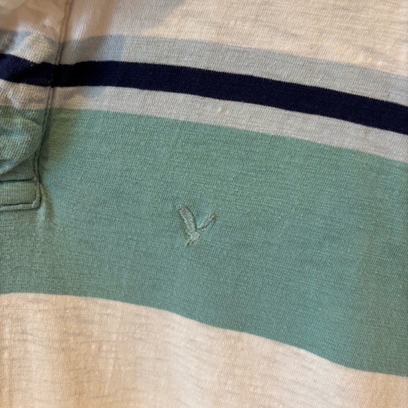 American Eagle 77 Green Blue White Striped Polo Shirt Sz M Preppy Y2K - Picture 4 of 5